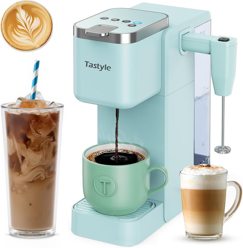 Tastyle Single Serve Coffee Maker with Built-in Detachable Milk Frother, Iced and Hot Coffee Machine for K Cup & Grounds, 40oz Removable Water Reservoir, 6 Cup Sizes, Fits 7.3" Travel Mug, Teal - Image 1